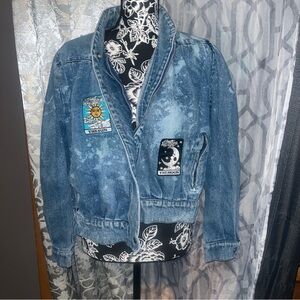Custom Bleach dyed Blue Denim bomber Jacket with tarot Patches